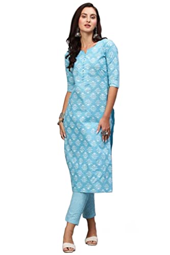 Image of GoSriKi Women's Cotton Blend Printed Straight Kurta With Pant