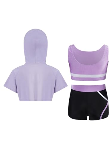 YiZYiF Kids Girls 3pcs Dance Gymnastic Outfit Athletic Tracksuit Short Hooded with Tank Top Active Shorts Set2