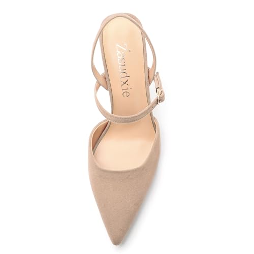 Women Slingback Pumps Suede Ankle Strap Buckle Stiletto High Heel Closed Pointed Toe Dress Shoes 3.35 Inches3