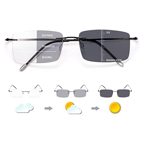 Progressive Photochromic Multifocus Reading Glasses Blue Light Blocking Rimless Computer Sun Readers Anti Eyestrain/ Glare/ UV400 Lightweight Transition Eyeglasses for Men Women (Black, 1.5) Cover