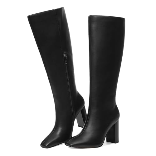 femflame Knee High Boots Women Black Leather Tall Shoes Square Toe Chunky Block Heel Side Zipper Long Boot Wide Calf Boots For Women2