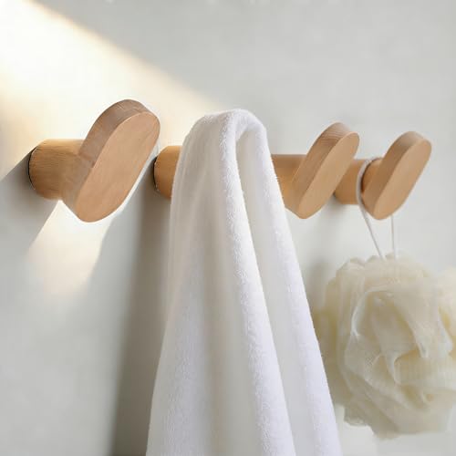 ZUNTO 4 Pack Wooden Towel Hooks Wall Mounted Drilling Natural Wood Decorative Towel Hooks with Screw Heavy Duty Waterproof Wall Hooks for Kitchen Bathroom Entryway