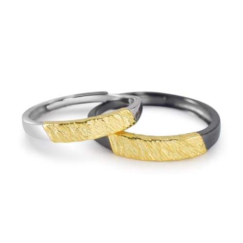 Bague couple réglable KnSam argent 925 fil texturé noir doré