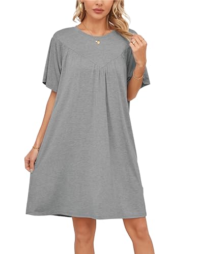 VOGMATE Nachthemd Damen Kurzarm Loses T-Shirt Oversize Schlafkleid Negligee Nachtkleid Große Größen Sleepshirt Licht Grau XXL