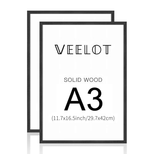 Veelot Marco de fotos A3 set de 2 marcos de fotos de madera maciza negra con Vetro di plastica para certificado de galería decoración del hogar (29,7x42 cm)