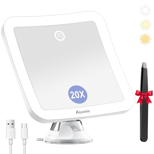 Auxmir 20X Schminkspiegel mit Beleuchtung, 2000mAh Aufladbar Kosmetikspiegel mit Saugnapf, 3 Lichtfarben Dimmabr Helligkeit, Vergrößerungsspiegel 20fach mit Licht, 360° Drehbar, Tragbar für Bad, Reise Auxmir 20X Schminkspiegel mit Beleuchtung, 2000mAh Aufladbar Kosmetikspiegel mit Saugnapf, 3 Lichtfarben Dimmabr Helligkeit, Vergrößerungsspiegel 20fach mit Licht, 360° Drehbar, Tragbar für Bad, Reise