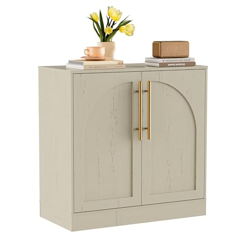 UEV Aparador Retro de 80 cm con 2 Puertas con Diseño Arqueado, Aparador de Cocina con Estante Ajustable y Extraíble, Armario de 2 Puertas con Gran Espacio de Almacenamiento, 80 x 39,5 x 78 cm, Beige