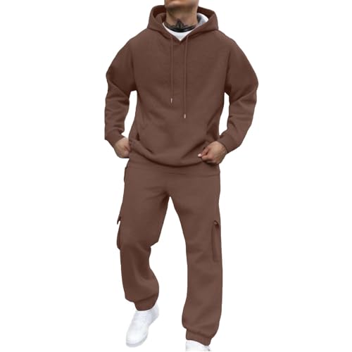 2 Men's Piece Tracksuit Set - Warm Fleece Hooded Sweatshirt, Chocolate Brown Matching Set Long Sleeve Casual Sports Jacket, Joggers Sweatpants Bottoms with Pockets, Athletic Gym Running Sweatsuit