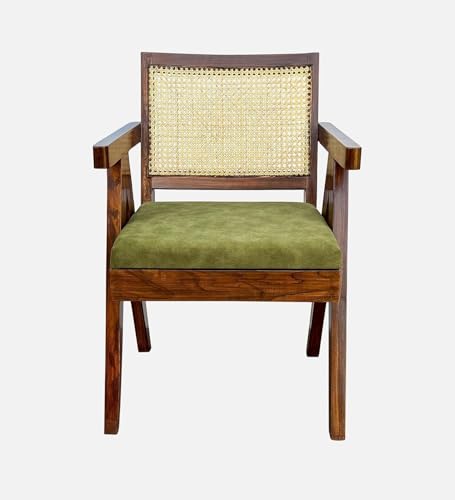 Image of Sainistree Furniture Solid Sheesham Wood Rattan Armchair - Teak Brown Cane Back Chair with Green Upholstery - Elegant Wooden Chair for Living Room, Bedroom, Dining, Indoor & Outdoor Furniture