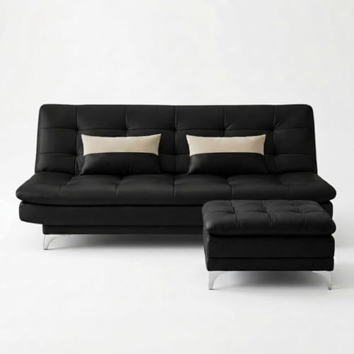 Image of FURNY Supersoft 3 Seater Leatherette Sofa Cum Bed with Ottoman (Black) Premium Finish with Extra 2 Cushions | Ideal for Living Rooms, Bedrooms, Offices