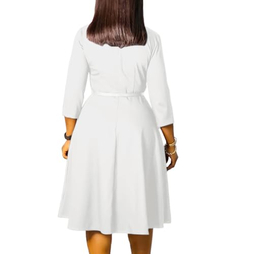 Elainone Women 3/4 Sleeve Casual Swing Flared A Line Dress Wedding Guest Semi Formal Office Work Dresses with Belt4