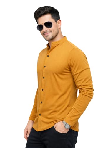 Image of Blisstone Men's Band Collar Shirt - Full Sleeve Slim Fit Casual Cotton Blend Mandarin Collar Button Down Shirt