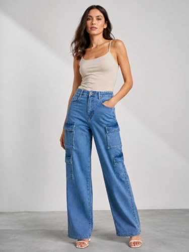 Image of GRECIILOOKS High Waist Jeans for Women - Wide Leg Straight Fit Denim | Baggy Cargo Style Casual Pants for Girls & Daily College Wear