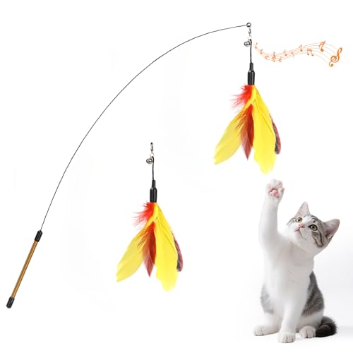 Pawaboo Katzenspielzeug - Interaktives Katzenangel Katze Spielzeug Katzen-Spielstab Katzenspielzeug-Stab mit Federn und 88cm Stab und Glocken für Kätzchen oder Katze, Gelb + Rotbraun
