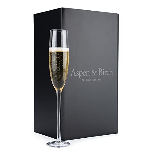 Aspen & Birch - Timeless Champagne Flutes Set of 6 - Champagne Glasses - Mimosa Glasses, Premium Crystal Stemware, Clear, 5 oz, Hand Blown Glass Champagne Flutes - Hand Crafted by Artisans