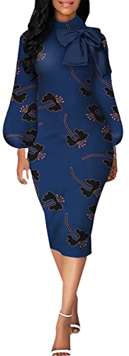 Image of Sexy Long Sleeve Dress for Women Solid Color Bow Knot Turtleneck Formal Gown Midi Casual Church Dresses