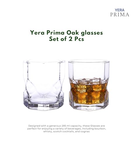 Image of Yera Prima Oak Whisky /Scotch /Water Glasses- 285 ml Each -Set of 2 pcs Tumblers Lead-Free Whiskey Glasses for Scotch Bourbon Cognac Brandy Cocktail Whiskey