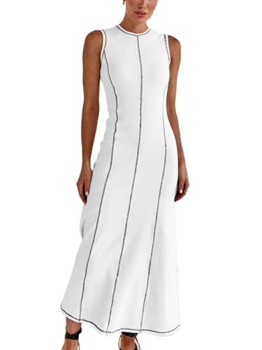 Image of Women's 2025 Summer Sundress Elegant Casual Crew Neck Sleeveless Knit Striped Bodycon Maxi Dress