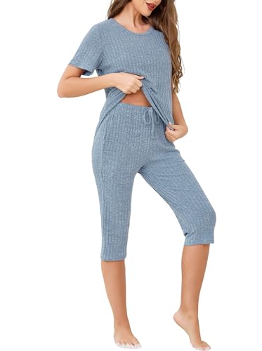 Image of Wikoan Capri Pyjamas Set for Women, Ribbed Summer Cropped Pj's Set Tops and Capri Pants 2 Piece Outfits Loungewear with Pockets Drawstring Light Blue,L