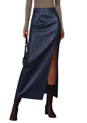PRETTYGARDEN Womens Faux Leather Skirts 2025 Fall Fashion Bodycon High Waisted Slit Work Office Winter Maxi Long Pencil Skirt