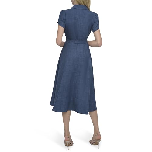 Image of DKNY Women's Short Sleeve Collared V-Neck Tie Waist Midi Dress