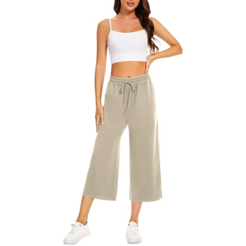 Sunyaa Womens Yoga Capri Pants Wide Leg Yoga Pants Summer Drawstring Loose Comfy Lounge Capri Sweatpants Pajamas With Pockets Khaki S #TOP3