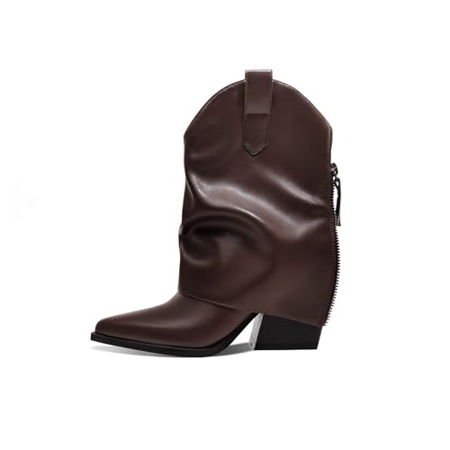 Womens Ankle Fold Over Boots Chunky Mid Heel Booties Retro Pointed Pointed Toe Side Zipper Short Boots Heeled Shoes for Women Fall Winter Black XYY-M1039BRP