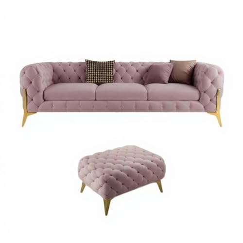 Image of A to Z Furniture Modern Classic Fabric & Valvet Tufted Chesterfield Sofa Living Room and Office (3+1= 4 Seater Sofa Set with Footrest Rose Pink)