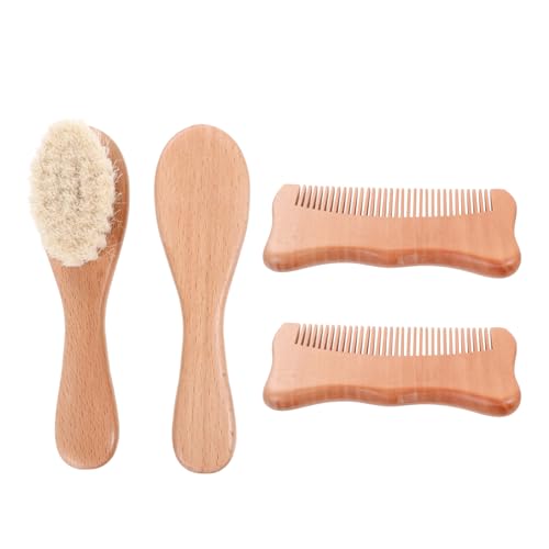 SHOWERORO Natural Beech Wool Brush Cat Ear Comb Set 4-Piece Baby Scalp Grooming Kit Wooden Handle Soft for Daily Use