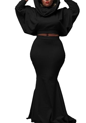 Womens Batwing Sleeve Tops 2 Piece Outfit Fishtail Mermaid Maxi Skirt Sets Heaps Collar Tops 2 Piece Outfit