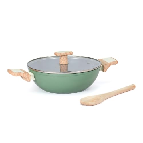 Image of Kreme Ceracook Ceramic Coated Granite Kadai 2.5L (24cm) with Glass Lid, Frying Kadhai, ISI Certified, Forged Aluminium, Gas & Induction Use, Non Toxic Woks PFAS & PTFE Free, 1 Yr Warranty, Olive Green