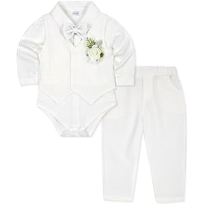 HOZIY Baby Boy Suits Infant Gentleman Outfit Collared Shirt+Vest+Tie+Corsage+Pants 5Pcs Baptism Wedding Sets for 0-24 Months 0-3 Months White