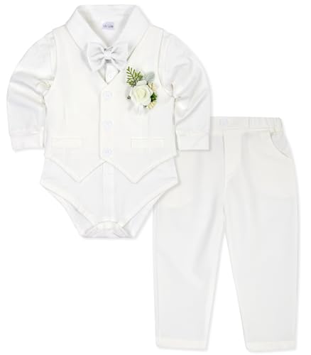 Baptism Outfits for Boys Baby Suit Infant Gentleman Ring Bearer Church Christening Dress Clothes Shirt+Vest+Tie+Corsage+Pants 5Pcs Formal Wear Sets White 6-12 Months Traje De Bautizo para Niño