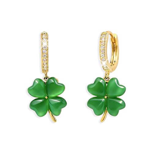 Sonateomber St Patricks Day Shamrock Green Gold Clover Small Dangle Hoop Earrings for Women Dainty Cute CZ Rhinestone Lucky Four Leaf Drop Earings Holiday Accessories Outfit Fashion Jewelry Gift