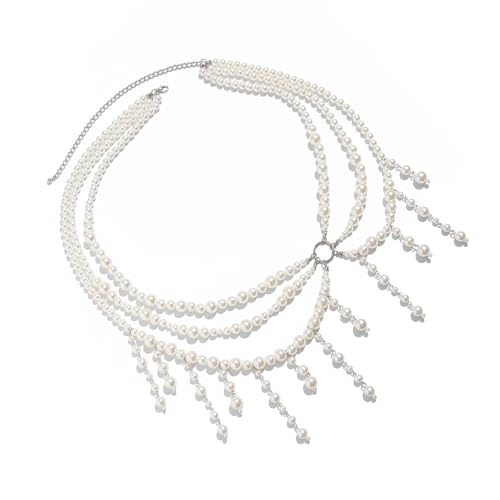 Collar de perlas con cadena de cintura multicapa y borlas para vestidos de fiesta y playa