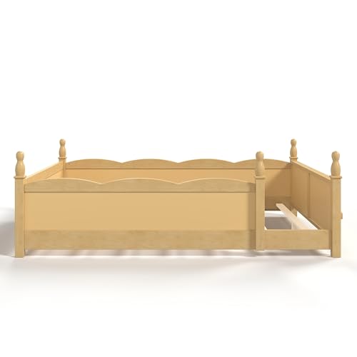 Image of Bellemave Queen Size Montessori Floor Bed Frame with High Fence, Solid Wood Kids Floor Bed with Bookshelf, Low Profile Bed for Boys & Girls, Childlike Design,Natural
