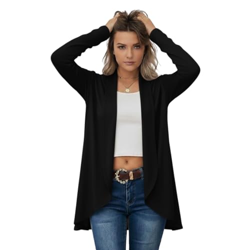 LUXFAB Women's Plain Draped Waterfall Cardigan Sweater, Asymmetric Hem Long Sleeve Loose Boyfriend Blazer, Baggy Top 8-26 (UK, Numeric, 24, 26, Plus, Regular, Black)