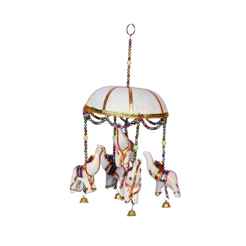 Image of Rajasthani Multicolor Elephants Jhoomer with Bell - Decorative Wind Chimes for Door & Wall Hanging, Ideal Home Decor & Gift Showpiece (White)