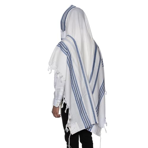 Image of HOLY VOICE 100% Wool Tallit Prayer Shawl Kosher Certified White with Stripes for Men, Made in Israel w / 100% Wool Tzitzit