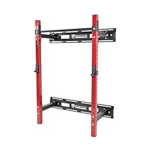 Signature Fitness 3” x 3” Wall Mounted Fold-in Power Cage Squat Rack with Adjustable Pull Up Bar and J Hooks – Space-Saving Home Gym, Red