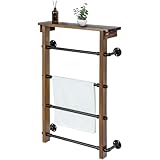 MyGift 4-Tier Wall Mounted Towel Rack Ladder with Top Storage Shelf, Rustic Burnt Solid Wood Hanging Towel Holder with 4 Black Industrial Metal Pipe Rungs Bar Design
