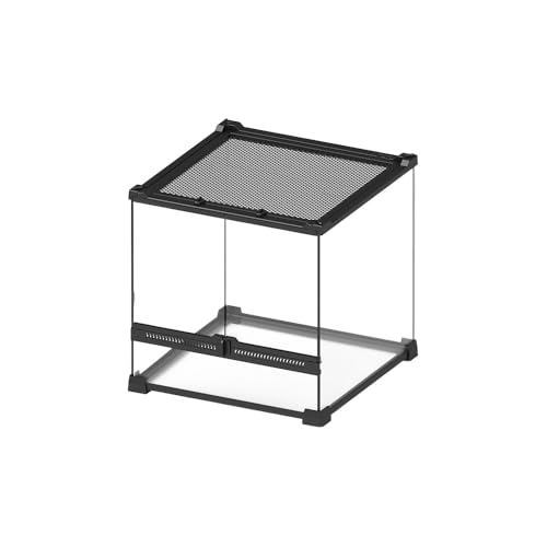 爬虫類 ケージ レオパ ケージ 透明 レプタイルボックス 飼育容器 小動物用 強化ガラス製 給餌箱 給餌ボックス 隔離ボックス 繁殖のために積み重ねることができます 水辺や、砂漠、熱帯雨林の造園に適しています (ブラック(強化ガラス),30*30*30cm