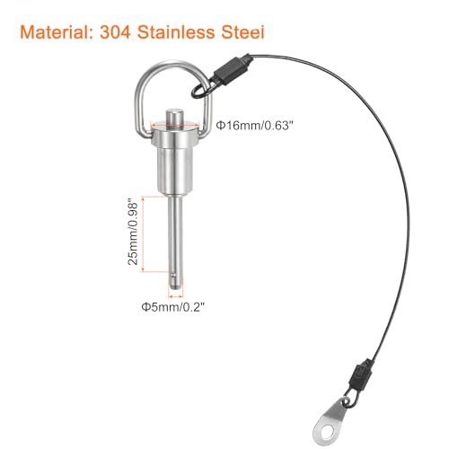 QUARKZMAN 1 Stück Kugelsperrbolzen mit Knopfgriff, 5 mm Stift-Durchmesser, 25 mm Verwendungslänge, Schnellverschlussstift mit Sicherungsseil, Sicherungsstifte 304 Edelstahl
