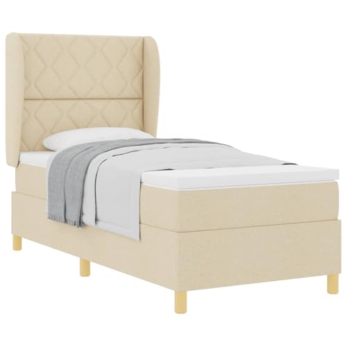 zylophax Cama con somier color crema con colchón de 200 x 100 cm, estructura de cama resistente de madera y madera de pino, cabecero ajustable, cama tapizada moderna para dormitorio y habitación de