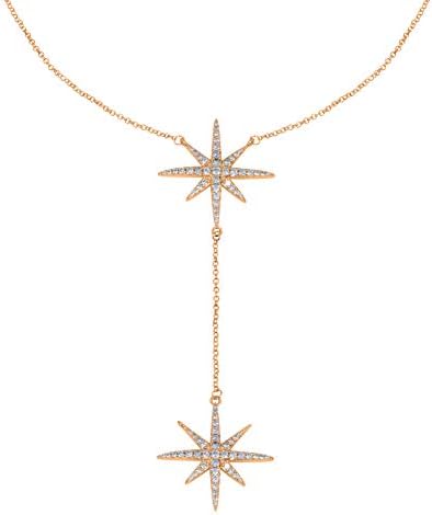 Savlano 14K Yellow Gold Plated Cubic Zirconia Round Cut Starburst 18 Inches Pendant Chain Necklace For Women & Girls