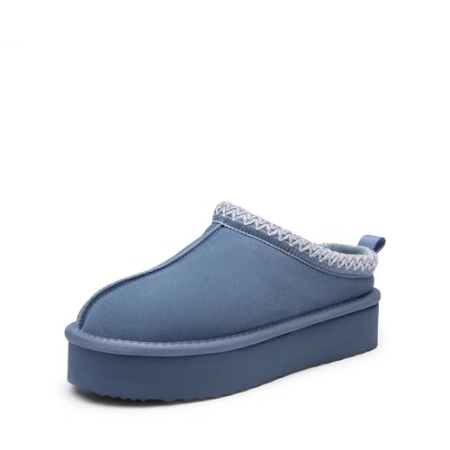 DREAM PAIRS Women's Slippers for Women Genuine Suede Platform Slip-on Warm Slippers Winter Fluffy Warm Comfy Furry Shoes for Outdoor Indoor FuzzyEasy,Size 5,Dark Blue