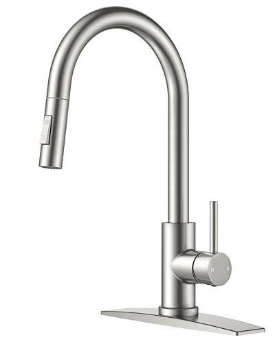 FEECOOL Kitchen Sink Faucet with Pull Down Sprayer, Brushed Nickel Stainless Steel Kitchen Faucets Classic High Arc Single Handle with Deck Plate for 1 or 3 Hole, Fit for Farmhouse Bar Laundry Camper