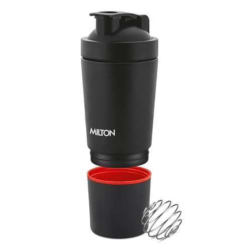 Image of MILTON Pro Mix Ultra Shaker with Blending Ball, Black, Shakers for Protein Shake with detachable Storage Compartment, Leakproof, Fitness Freak, Gym Bottle for Men and Women BPA-Free (591ml + 200ml)
