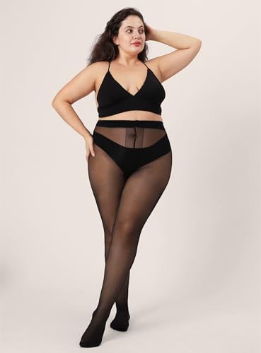 HONENNA Plus Size Sheer Tights for Women T Crotch Black Pantyhose Control Top Stockings3
