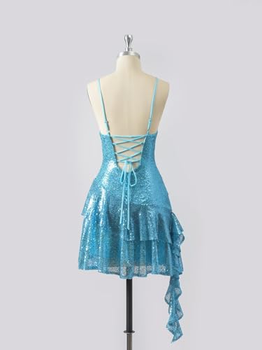 Wchecalino Sparkly Tiered Sequin Homecoming Dresses 2025 Cowl Neck Short HOCO Dress Tight Cocktail Party Mini Gowns2